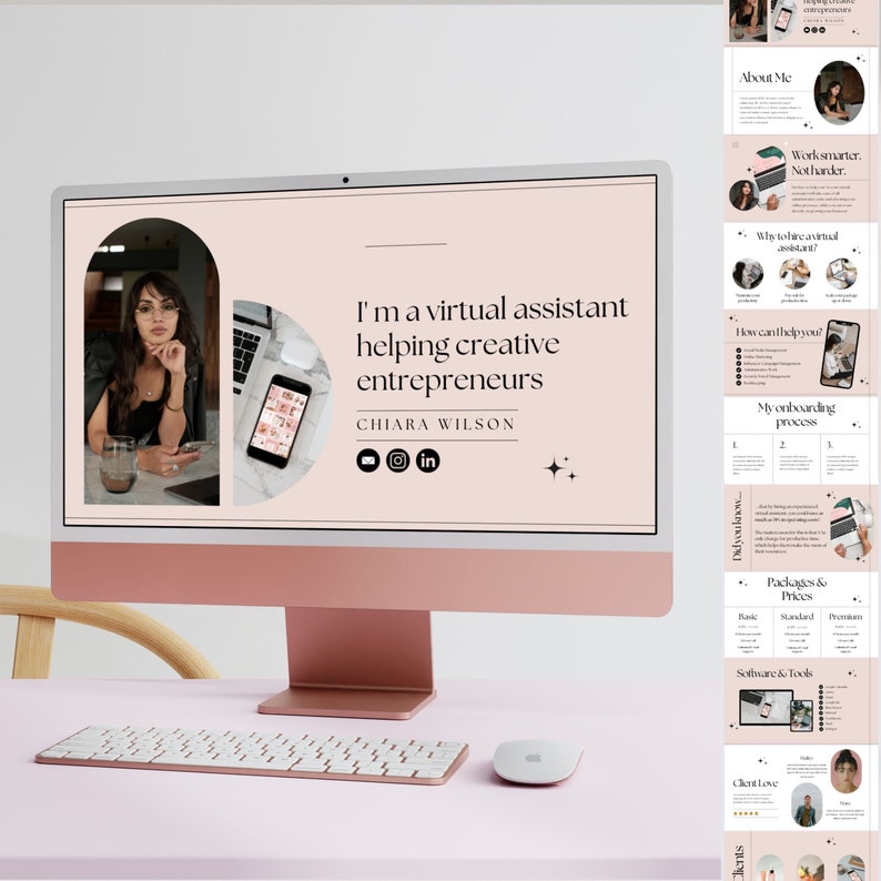 Puede incluir: Una pantalla de ordenador que muestra un sitio web para una asistente virtual que ayuda a emprendedores creativos. El sitio web presenta una foto de la asistente virtual, su nombre y los iconos de las redes sociales. El texto en la pantalla dice "Soy una asistente virtual que ayuda a emprendedores creativos, CHIARA WILSON".