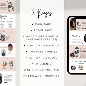 Puede incluir: Una plantilla de dise&ntilde;o gr&aacute;fico rosa y blanca para un sitio web de asistente virtual. La plantilla incluye una p&aacute;gina principal, una p&aacute;gina sobre, por qu&eacute; contratar a un asistente virtual, c&oacute;mo puedo ayudarte, paquetes y precios, software y herramientas, mis clientes, testimonios de clientes y trabajemos juntos. La plantilla tambi&eacute;n incluye una maqueta de tel&eacute;fono con una captura de pantalla del sitio web.