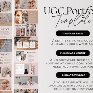 May include: A pink and white digital template for a UGC portfolio website. The template includes 13 editable pages, text, fonts, colors, and images. It also includes a thank you page and a services page. The template is available for instant download on Etsy.