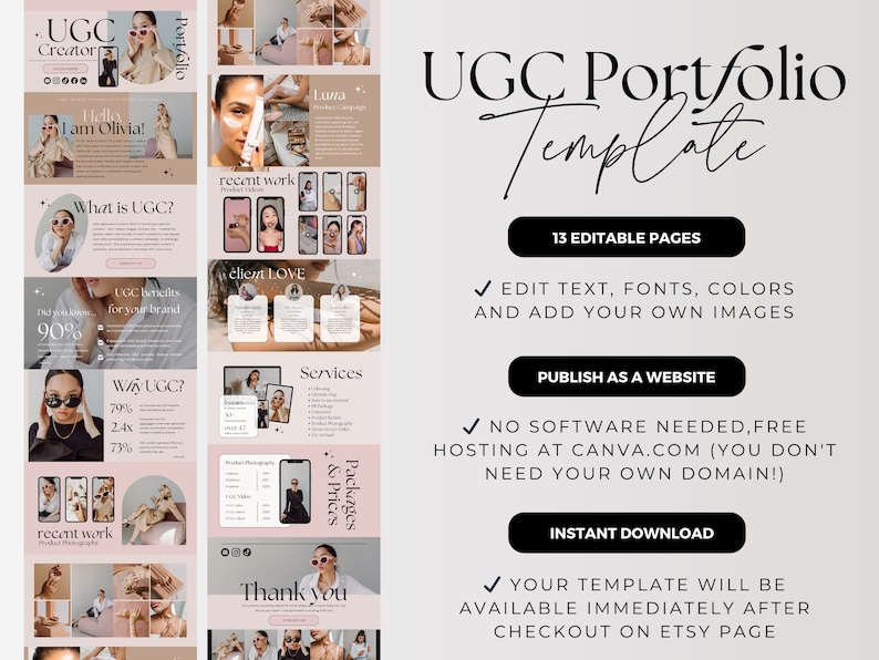 May include: A pink and white digital template for a UGC portfolio website. The template includes 13 editable pages, text, fonts, colors, and images. It also includes a thank you page and a services page. The template is available for instant download on Etsy.
