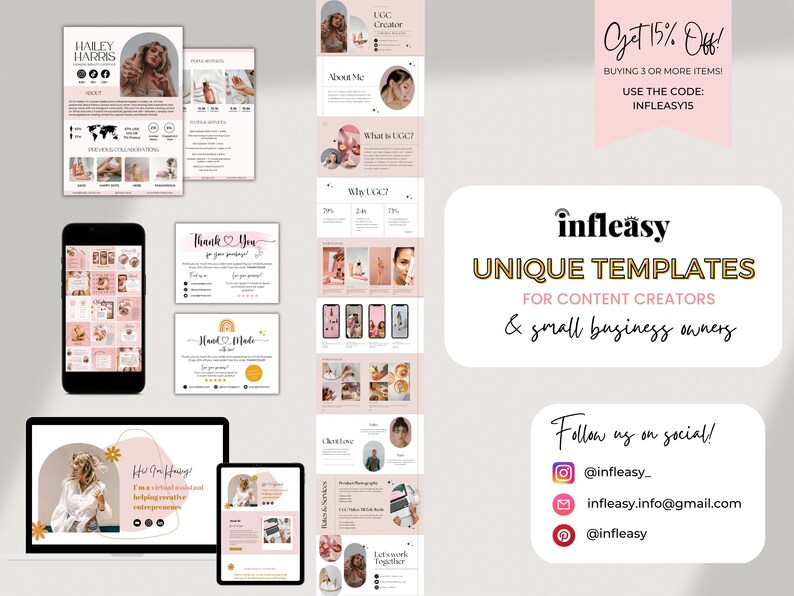 Puede incluir: Una colecci&oacute;n de plantillas de redes sociales en rosa y blanco para creadores de contenido y peque&ntilde;as empresas. Las plantillas presentan una variedad de dise&ntilde;os, que incluyen una tarjeta de agradecimiento, una etiqueta hecha a mano y una diapositiva de "Trabajemos juntos". Las plantillas est&aacute;n dise&ntilde;adas para ayudar a las empresas a promocionar sus productos y servicios en l&iacute;nea.