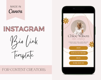 May include: A pink and gold Instagram bio link template with a woman's photo and the text "Chloe Wilson, online coaching". The template includes buttons for "Shop", "Download Freebie", "Blog", and "Work With Me".