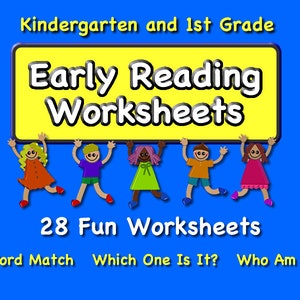 Puede incluir: Un cartel amarillo con el texto "Early Reading Worksheets" sostenido por cinco niños de dibujos animados. El cartel está sobre un fondo azul. El texto debajo del cartel dice "28 Fun Worksheets" y enumera tres tipos de hojas de trabajo: "Word Match", "Which One Is It?" y "Who Am I?"