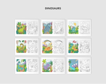 May include: A set of nine colouring pages featuring dinosaurs in various poses and settings. Each page has a coloured version on the left and a blank outline on the right. The dinosaurs are depicted in a cartoon style with bright colours.
