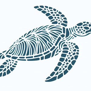 May include: A stylised blue sea turtle with a detailed patterned shell and flippers.