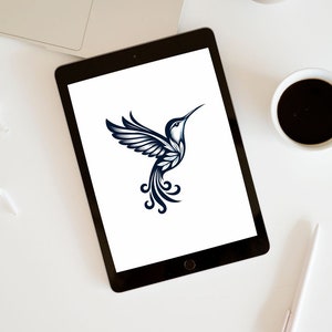 May include: A black and white illustration of a hummingbird with a long, curved beak and intricate details on its wings and tail. The image is displayed on a tablet computer.