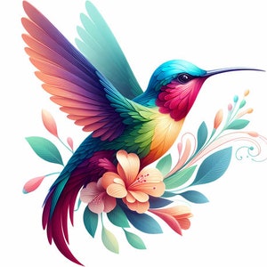 Könnte beinhalten: Eine lebendige Illustration eines Kolibris im Flug, der ein Farbspektrum zeigt. Die Flügel des Vogels zeigen Farbtöne von Lila, Orange und Blau. Er ist von stilisierten Blumen und Blättern in Pastelltönen vor weißem Hintergrund umgeben.
