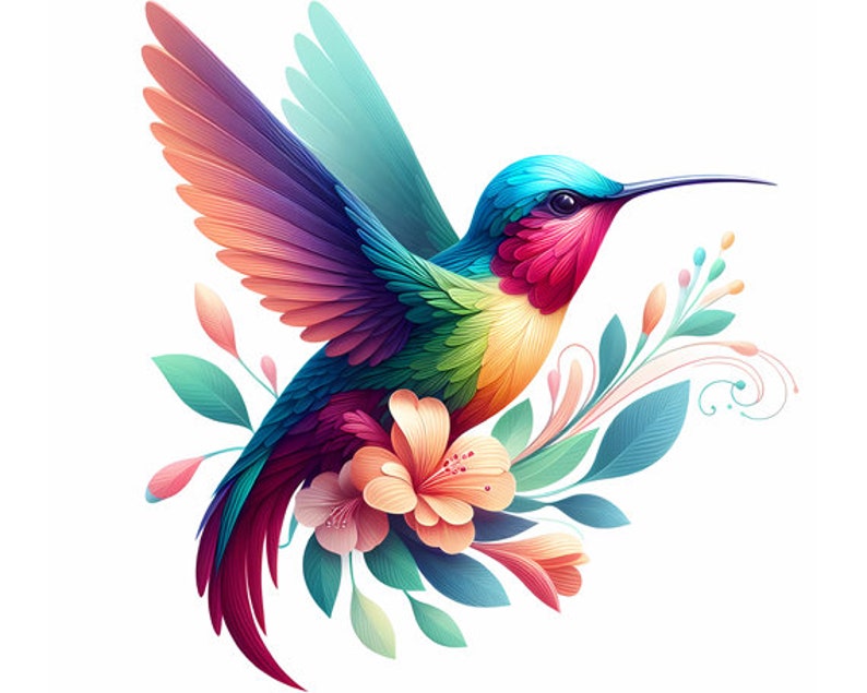 May include: A vibrant illustration of a hummingbird in flight, showcasing a spectrum of colors. The bird's wings display shades of purple, orange, and blue. It is surrounded by stylized flowers and leaves in pastel hues, set against a white background.