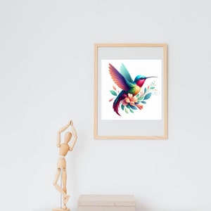 May include: A framed print featuring a vibrant hummingbird with colorful plumage. The bird is depicted in flight, surrounded by flowers and leaves. The artwork showcases a spectrum of colors, including blue, red, green, and yellow, creating a lively and eye-catching piece.