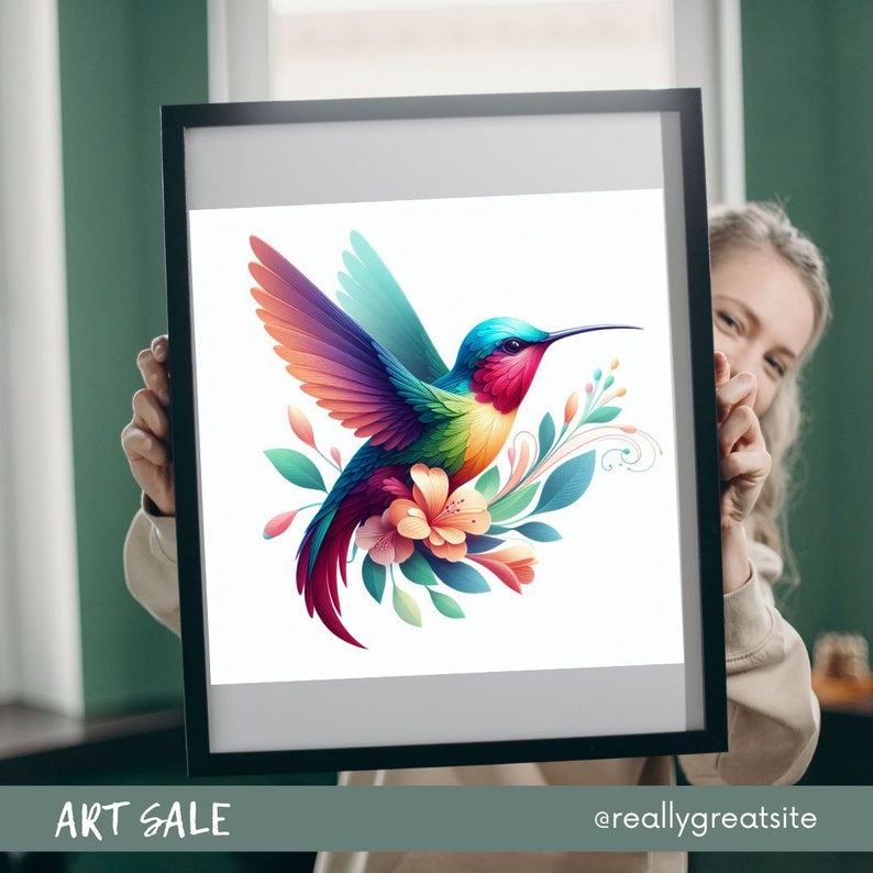 May include: A framed art print featuring a vibrant hummingbird with rainbow-colored wings, a red throat, and a long black beak. The bird is surrounded by flowers and leaves. The words "ART SALE" are at the bottom.