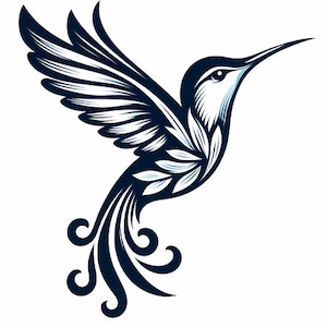 Puede incluir: Una ilustración estilizada en blanco y negro de un colibrí con detalles intrincados en sus alas y plumas de la cola.