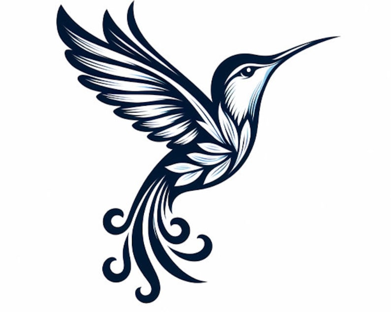 May include: A black and white stylized illustration of a hummingbird with intricate details in its wings and tail feathers.