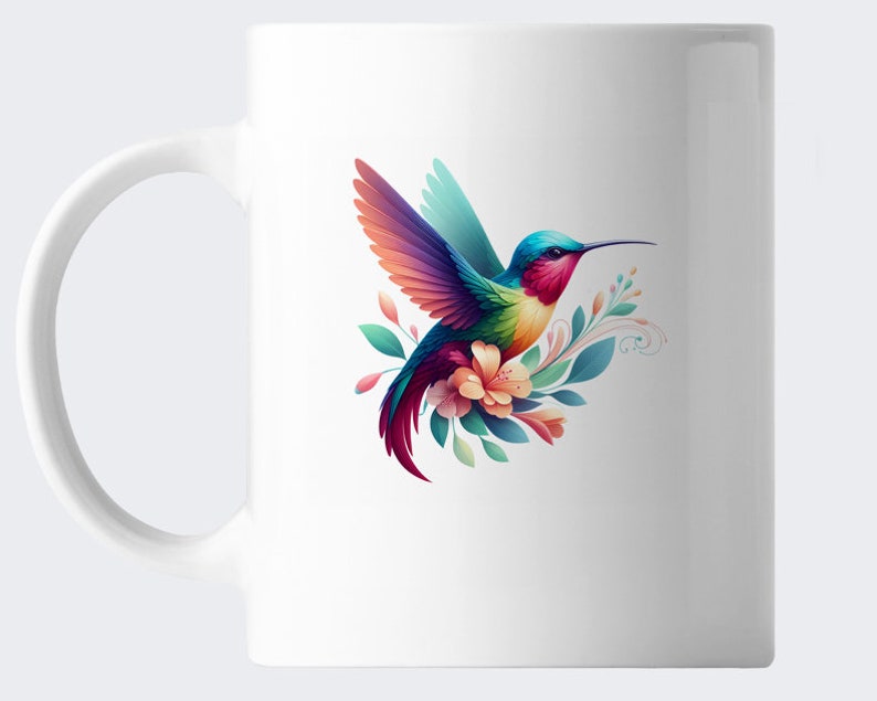 May include: White ceramic mug featuring a colorful hummingbird design. The hummingbird has vibrant blue, green, red, and yellow feathers, with a long beak and is surrounded by flowers and leaves. The mug has a curved handle.