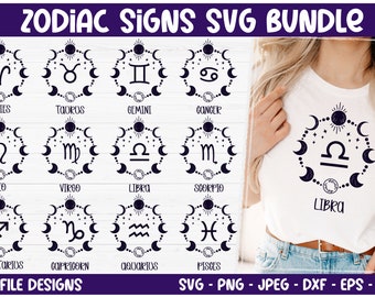 May include: A set of 12 black and white SVG cut files featuring zodiac signs with a crescent moon and star design. The signs include Aries, Taurus, Gemini, Cancer, Leo, Virgo, Libra, Scorpio, Sagittarius, Capricorn, Aquarius, and Pisces. The text "Zodiac Signs SVG Bundle" and "Cut File Designs" are at the top and bottom of the image.