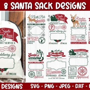 May include: Eight different designs for Santa sacks, featuring a variety of Christmas themes, including "Santa Claus Express", "Reindeer Express", and "Santa's Workshop". Each design includes a red and green color scheme with a white background and features text such as "Overnight Service", "Special Delivery", and "Checked Twice".