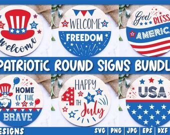 Patriotisk välkomstskylt bunt, rund dörrhängare SVG, 4 juli-skylt Svg, amerikansk dörrdekor, Glowforge, Png, Dxf, Svg-filer för Cricut