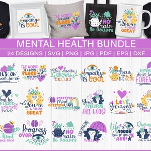 Paquete SVG de salud mental, citas de atención médica, SVG positivo y motivacional, conciencia de salud mental, svg inspirador, archivos cortados para Cricut,