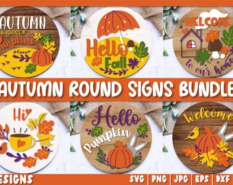 Bundle de panneaux ronds automne porte, lot automne SVG, lot de panneaux de bienvenue automne, accroche-porte rond SVG, fichiers Svg automne signe pour Cricut
