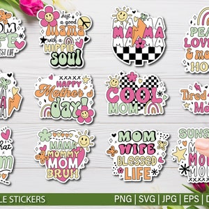 Pacote de Dia das Mães SVG, adesivos para impressão para Cricut, adesivos de embalagem para dia das mães PNG para impressão, impressão e corte, silhueta