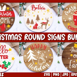 Christmas Round Signs SVG Bundle, Front Door Decor SVG,  Christmas Round Door Hanger, Christmas Welcome Sign Porch Sign,  Christmas Cut file