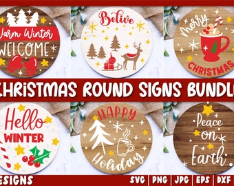 Weihnachten runde Schilder SVG Bundle, Haustür Dekor SVG, Weihnachten runde Tür Aufhänger, Weihnachten Willkommensschild Veranda Schild, Weihnachten geschnitten Datei