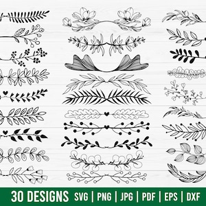 May include: A set of 30 black and white floral divider designs. The designs are made up of leaves, branches, and flowers. The designs are perfect for adding a touch of elegance to your projects.
