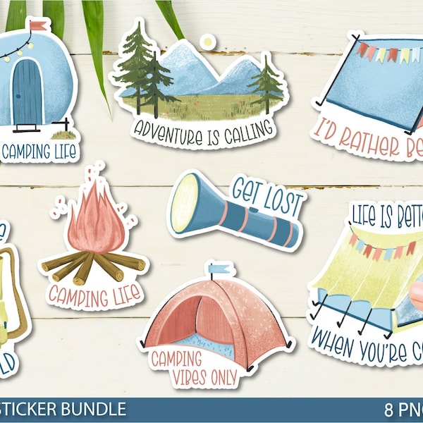 Camping PNG Sticker pack, Adventure PNG,Camping Quotes, Camping Life png, Happy Camper, Mountain Stickers, Print and Cut Cricut, Silhouette