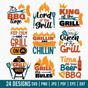 Może przedstawiać: Zestaw 10 kolorowych projektów cyfrowych z motywem grillowania i grilla. Projekty zawierają takie frazy jak "Czas na grilla", "Król grilla", "Król grilla", "Zachowaj spokój i grilluj", "Grillowanie i relaks", "Królowa grilla", "Mistrz grilla", "Mój grill, moje zasady" i "Czas na piwo i grilla".