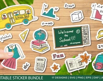 Retour à l'école autocollants imprimables pour Cricut, professeur SVG, fournitures scolaires PNG, autocollant autobus scolaire, globe terrestre, autocollant crayon, fichier découpé Cricut