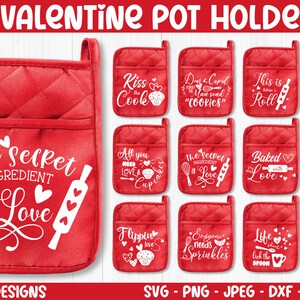 May include: A set of 12 red Valentine's Day pot holders with white text and graphics. Designs include phrases like "Kiss the Cook," "Baked with Love," and "The secret ingredient is Love." The pot holders are quilted and have a pocket.