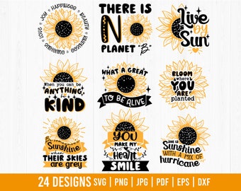 Peut inclure: 24 designs avec des tournesols et des citations inspirantes. Les citations incluent "Il n'y a pas de planète B", "Fleurissez là où vous êtes plantés", "Vous faites sourire mon cœur", et "Soyez le soleil de quelqu'un quand son ciel est gris".