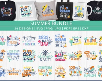 May include: A set of 24 summer-themed designs featuring colorful illustrations and text. The designs include phrases like "Find me at the pool", "Resting beach face", "Anything is a popsicle", "Seas the day", "The ocean made me salty", "Tequila time and sunshine", "Aloha summer", "Life is better in summer", "Goodbye lesson plan hello sun tan", "Soul of a mermaid", "Sum mer maid", "Let's get nauti", "The only BS I need is booze and sandals", "Shell yeah beaches", "Sale in a melon", "Beach squad", "No one likes a shady beach", "In my mermaid skin until the end of summer", "Beach love repeat", "Mermaid vibes", "Sandy toes sunkissed nose", "100 days closer to summer break", "Life is better in flip flops", "The beach is calling and I must go".