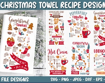 May include: Six Christmas-themed kitchen towel designs featuring recipes for gingerbread cookies, chocolate chip cookies, peppermint mocha, hot cocoa, eggnog, and a Christmas recipe. The designs are illustrated with festive colors and graphics.