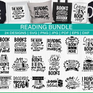 May include: A collection of 24 black and white designs featuring book-themed quotes and illustrations. The designs include phrases like "Reading is magical", "Books are my love language", and "Crazy Book Lady".