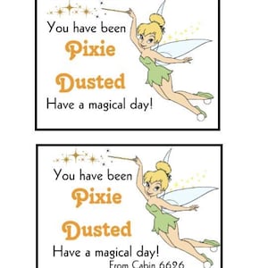 Peut inclure: Deux panneaux rectangulaires à bordure noire. Chaque panneau présente une fée de dessin animé aux cheveux blonds et aux vêtements verts. Le texte sur les panneaux se lit comme suit : "Vous avez été saupoudré de poussière de fée. Passez une journée magique !" Le panneau inférieur comprend également "De la cabine 6626."