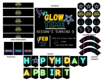 Neon Birthday Party Bundle - CUSTOMISABLE - Invitation, Cupcake Toppers, Cupcake Wrappers, Food Tents, Banner