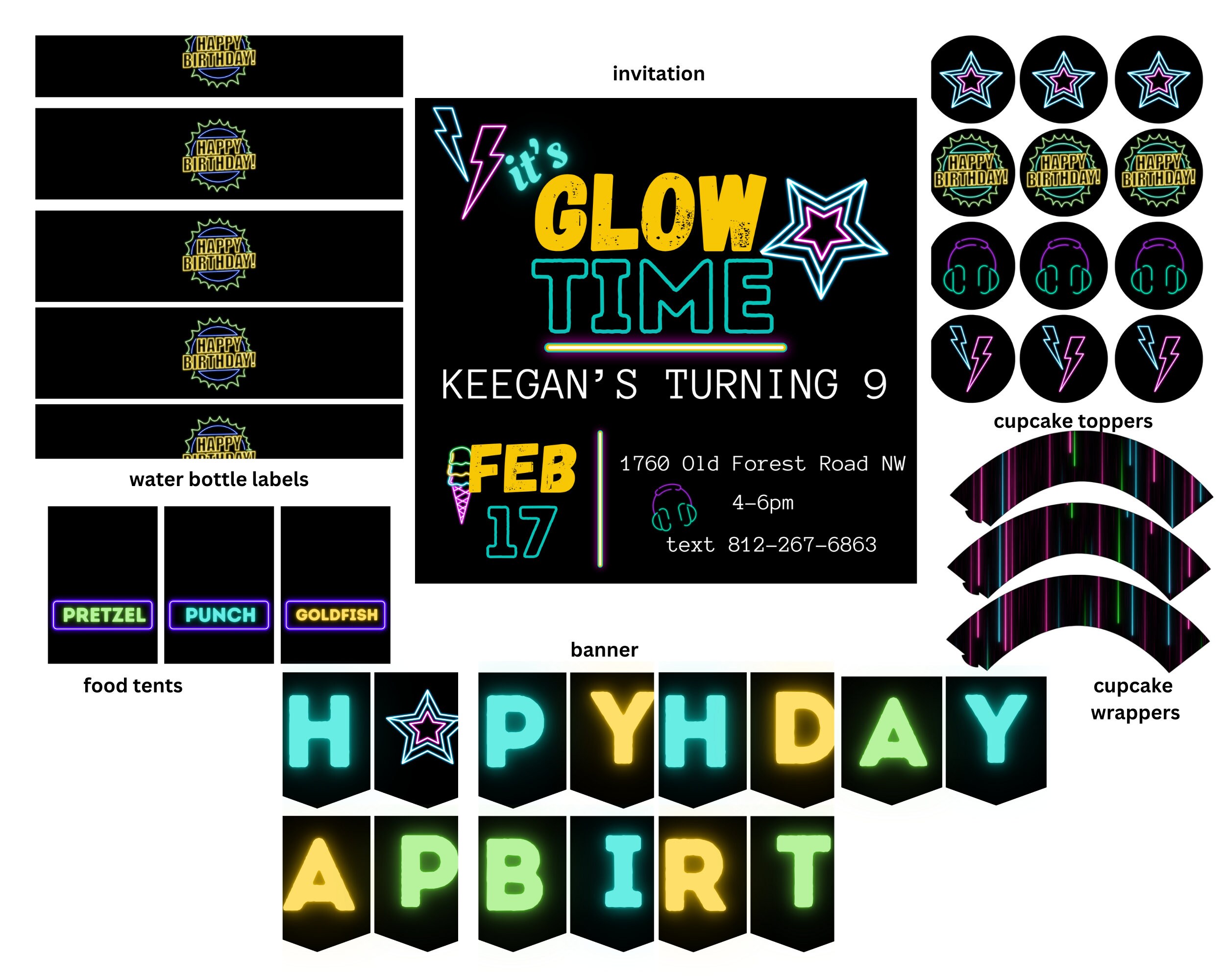 Neon Birthday Party Bundle CUSTOMISABLE Invitation Cupcake Toppers Cupcake Wrappers Food Tents Banner