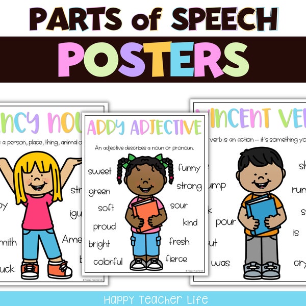 Classroom Grammar Parts of Speech Posters with Examples, Noun poster, verb poster, adjective poster, adverb poster, conjunction