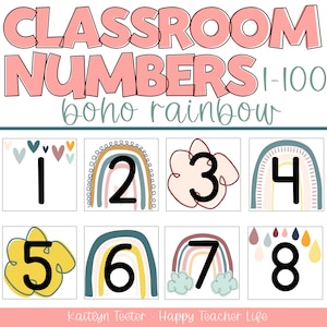 Könnte beinhalten: Klassenzimmerzahlen von 1 bis 100 im Boho-Regenbogen-Thema. Jede Zahl wird auf einem bunten Hintergrund mit einem anderen Design angezeigt, darunter Herzen, Regenbögen und Wolken.
