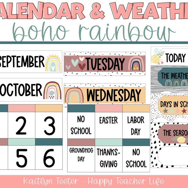 Modern Boho Rainbow Classroom Decor - Calendar and Weather Set