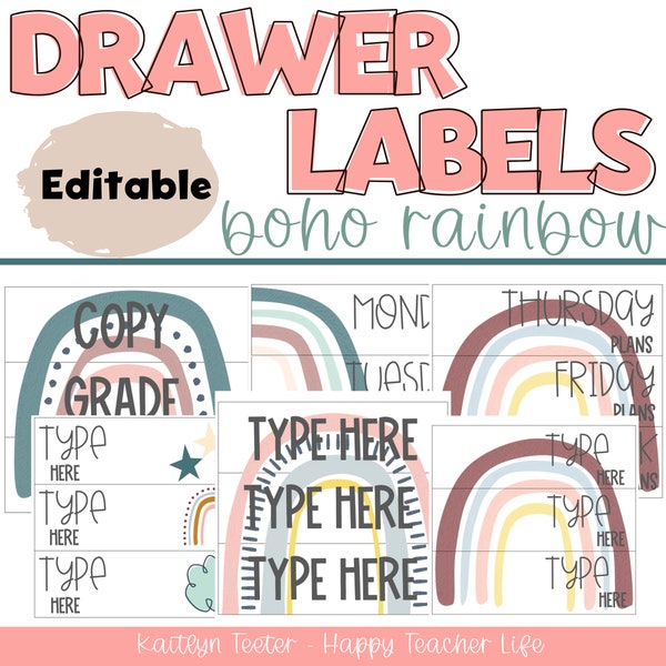Boho Rainbow 3-Drawer Classroom Labels EDITABLE | Classroom Decor | Boho Rainbow Classroom Decor | Classroom Labels