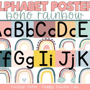 Signos modernos del alfabeto boho arcoíris: fuentes impresas, divertidas y cursivas