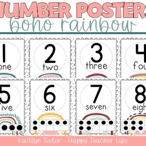 Modern Boho Rainbow Classroom Number Signs 1-20 | Number Posters | Boho Rainbow Decor | Classroom Decor