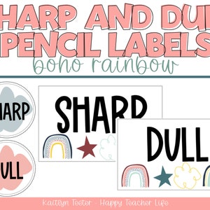 Sharp and Dull Pencil Bin Labels Boho Rainbow | Rainbow Classroom Decor | Pencil Labels | Boho Classroom Decor Labels