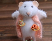 Mouse for Doll House, Needle Felt Mouse Angel of home in a blanket with cup and donuts, Felt animal, Mouse with wings,Felt Mice,Wee creature