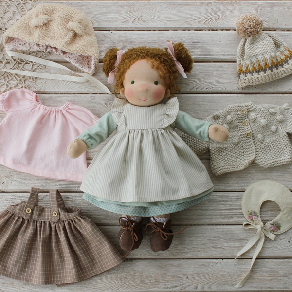 Waldorf doll 38cm/15inches with green eyes and big set of clothes, Natural organic fiber doll, Soft doll,Doll to cuddle,Personalize yourself