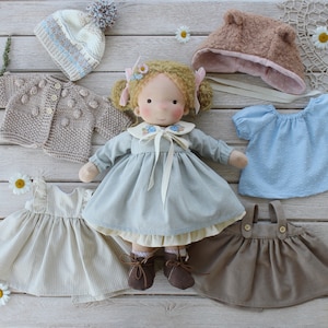Waldorf Montessori Play Doll with blond hair and brown eyes for Girl with Set of Clothes,One of a kind gift for kid, Organic Handmade Doll