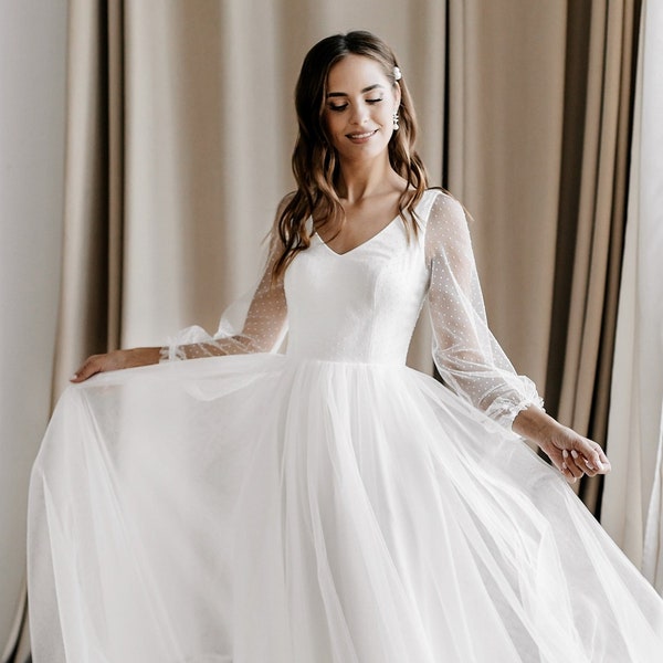 Tulle wedding dress Long sleeve, Modest wedding dress Reception, Prom dress, Backless dress | ANNA