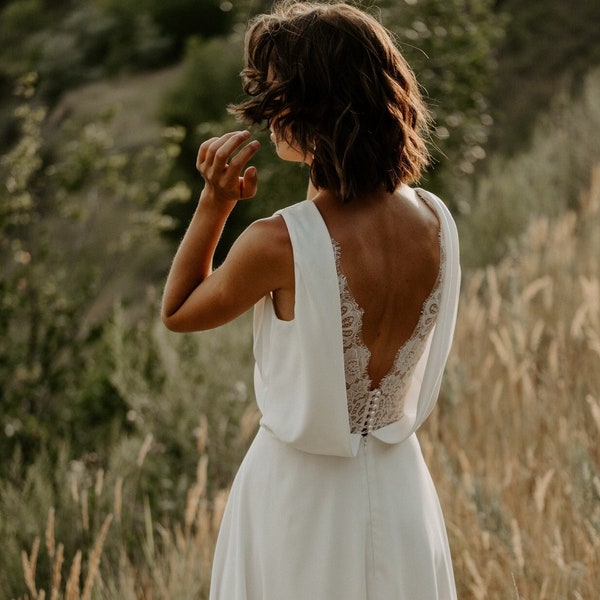 Boho beach wedding dress Wrap, Crepe wedding dress open back, Simple wedding dress, Bridal gown | ERICA