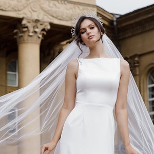 Simple modest wedding dress crepe Minimalist, Low back bridal gown | ANDREA
